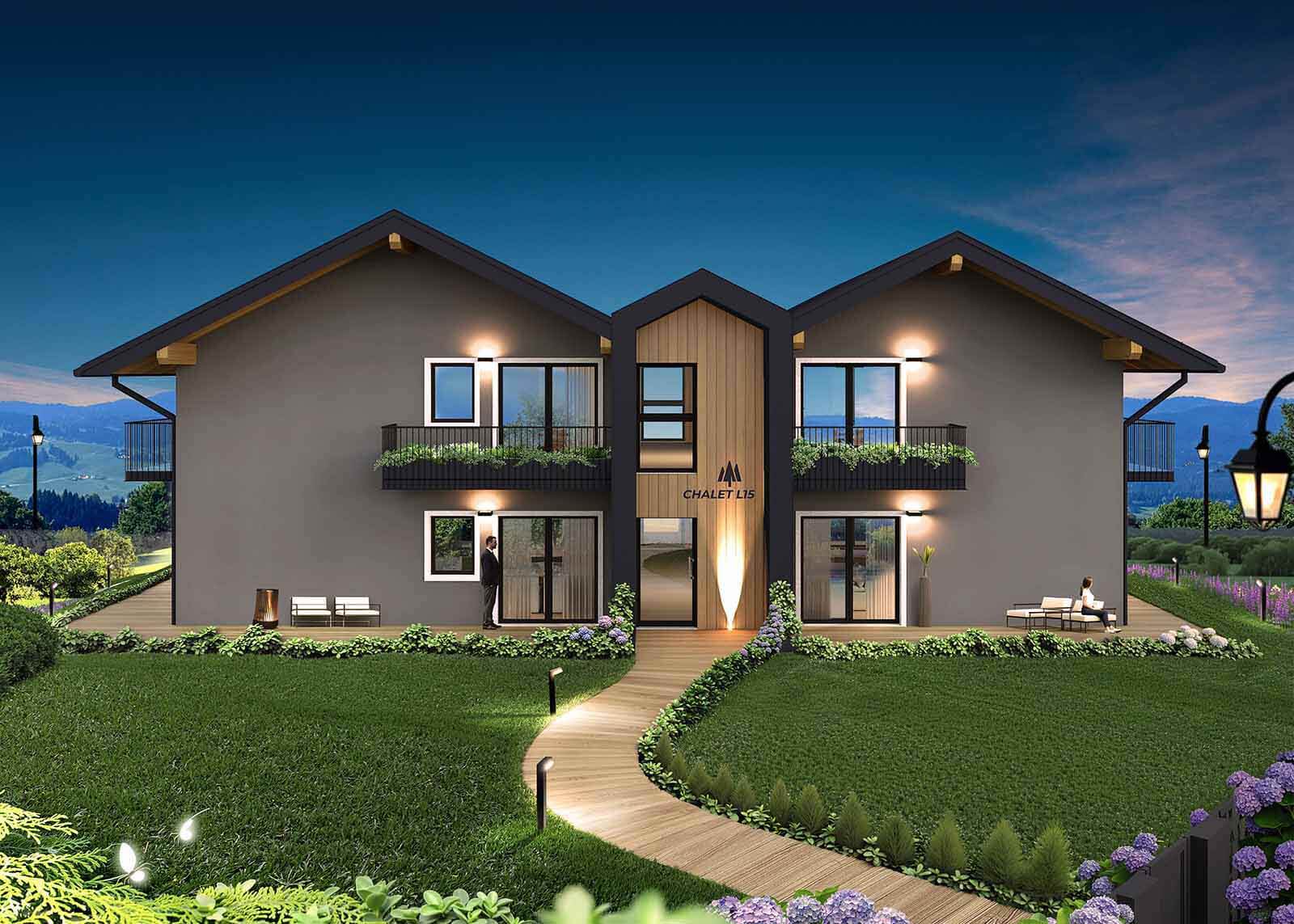 Rendering Chalet L15 - vista serale accessi - illuminazione scenari