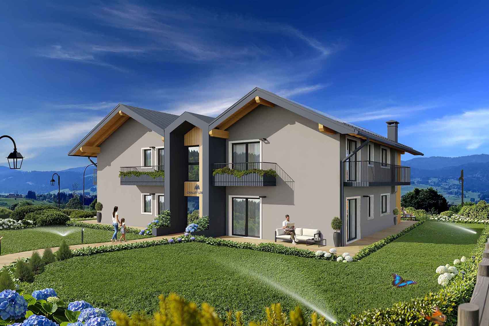 Rendering dello Chalet L15 dall'accesso - inserimento reale nell'ambiente